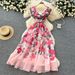 Women's Clothing Elegant Dress Ruffled V Neck Slim Waist Printed Long Skirt_ecoleips.com