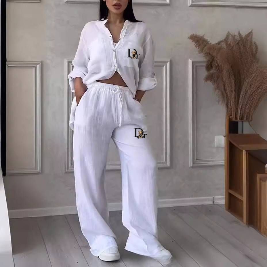 Women's Clothing Casual Cotton Linen Solid Color Shirt Drawstring Wide Leg Pants Suit_ecoleips.com