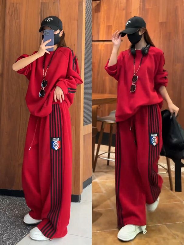 European Fashion Street Style Sportswear Set For Women, Loose Slimming Sweatshirt And Wide-Leg Pants, Casual Two-Piece Set For Spring And Autumn,_ecoleips.com