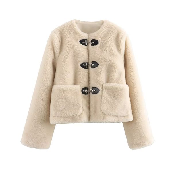 Spring Ins Women's Two-Tone Fleece Jacket With Buckle Detail - Cozy Casual Outerwear For Everyday Wear_ecoleips.com