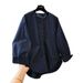 Navy Blue Striped Round-neck Long-sleeve Shirt Women, Korean Style, Simple And Elegant, Loose Casual Top For Autumn_ecoleips.com