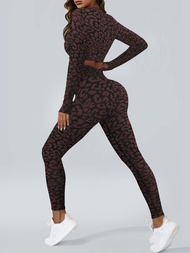 Verve Seamless Leopard Print Long Sleeve Sports Fitness Yoga Women's Zipper Shirt Tight High Waist Two-Piece Set_ecoleips.com