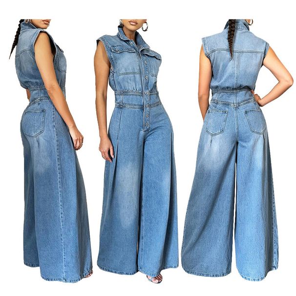 Vintage Washed Denim Jumpsuit Sleeveless Wide Leg Romper With Adjustable Straps | High Waist Streetwear Jumpsuit For Women Stretch Cotton Blend_ecoleips.com