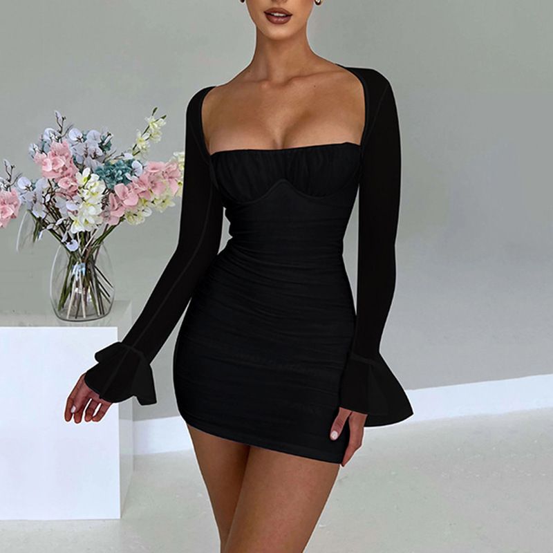 Trendy Women's Long Sleeve Dress High Waist Bodycon Mini Skirt Sheer Sexy Hot Girl Cross Border Summer Fashion_ecoleips.com