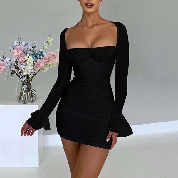 Trendy Women's Long Sleeve Dress High Waist Bodycon Mini Skirt Sheer Sexy Hot Girl Cross Border Summer Fashion_ecoleips.com