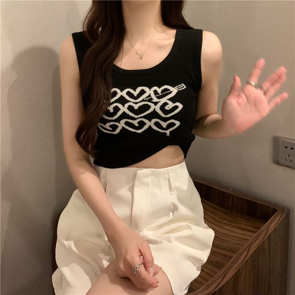 In-stock Wholesale Summer New Style Heart-embroidered Slim-fit Versatile Short Sleeveless Knitted Camisole Top For Women_ecoleips.com