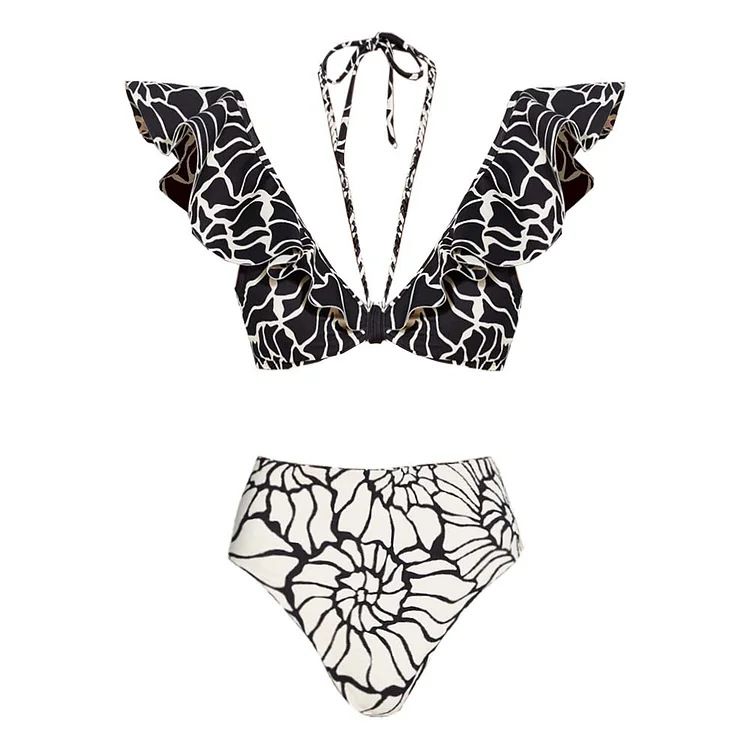 Women's Clothing Bikini New Double-sided Ruffled Printed High Waist Split Swimsuit Tassel Wrap Skirt_ecoleips.com