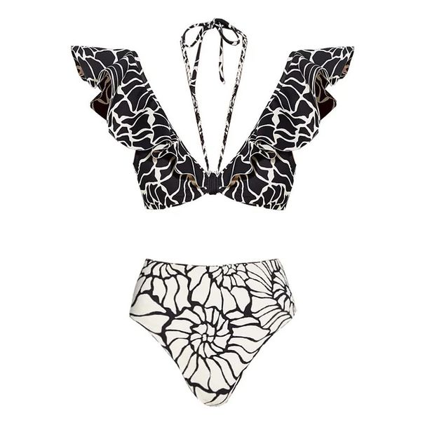 Women's Clothing Bikini New Double-sided Ruffled Printed High Waist Split Swimsuit Tassel Wrap Skirt_ecoleips.com