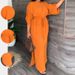 Spring 2026 Women's Casual Long Dress European American Style Tie Waist Slit Solid Color Everyday Fashion_ecoleips.com
