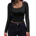 Women's Slim Fit Ribbed T-Shirt Base Layer Top Long Sleeve Low Neck Round Neck Large U Neck Spring_ecoleips.com