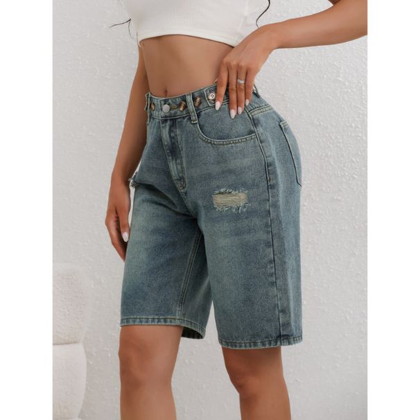 Aria Basics Aria Basics Cross-border European American Ripped Mid-length Jeans, Loose And Slimming, Adjustable, Suitable For Pear-shaped Body_ecoleips.com