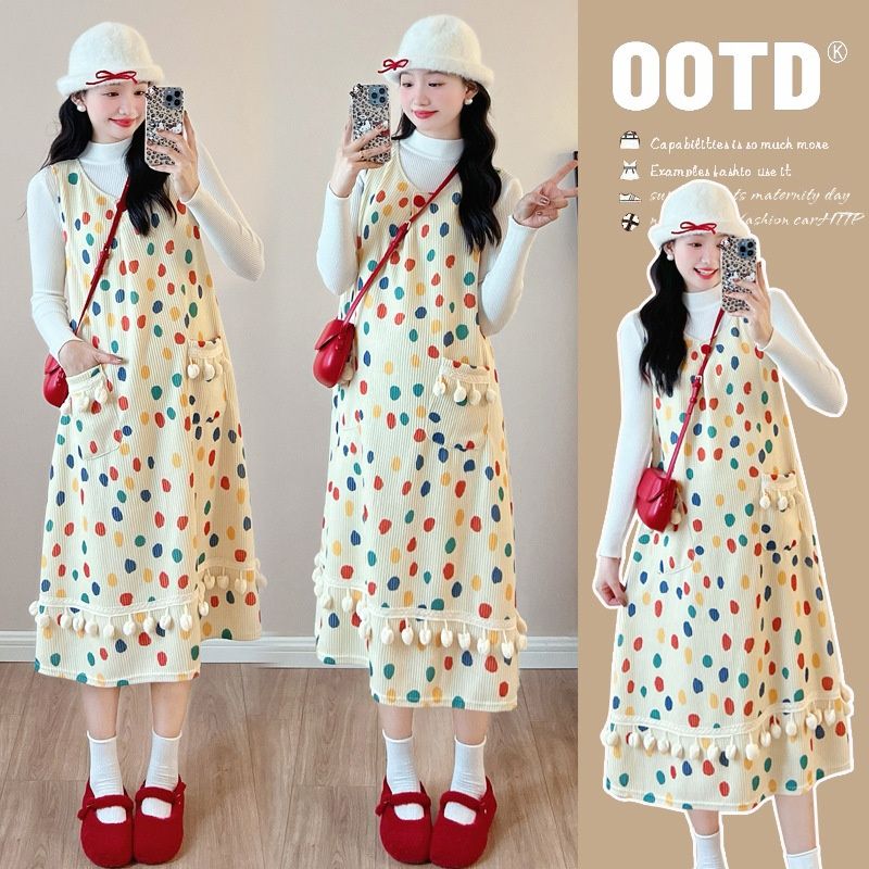 Autumn Winter New Korean Fashion Knitted Polka Dot Two-Piece Maternity Dress_ecoleips.com