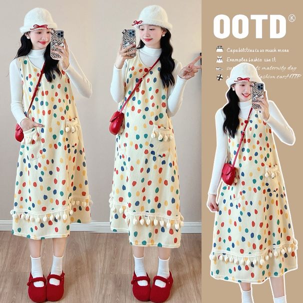 Autumn Winter New Korean Fashion Knitted Polka Dot Two-Piece Maternity Dress_ecoleips.com