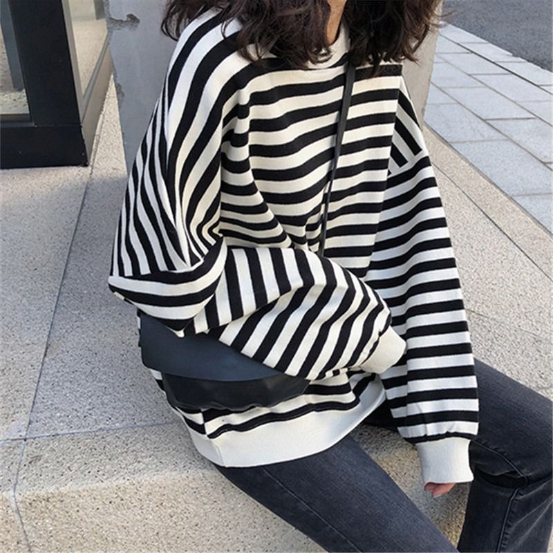 Autumn College Style Striped Retro Long Sleeve Loose Slim Bf Lazy Style Crew Neck Sweater Women_ecoleips.com