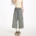 Women's Clothing Women's Distressed Washed Loose Straight Wide Leg Capri Pants Puppy Embroidery For Formal & Casual For Women_ecoleips.com