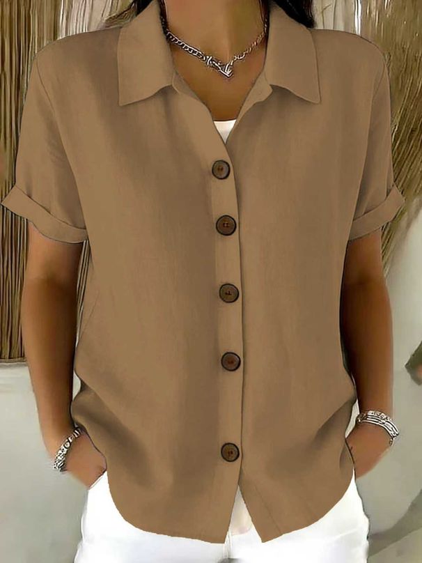 Women's Casual Button Down Shirt Short Sleeve Cotton Linen Comfortable Top For Summer_ecoleips.com
