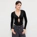Voya Spring And Summer Black V-neck Lace Edge Twisted Long Sleeved Top With Hollow Chest Design, Slim Fit And Temperament, Paired With A Jumpsuit_ecoleips.com
