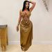 Elegant Halter Neck Bodycon Midi Dress With Gold Chain & Draped Detail, Stretch Polyester Spandex, Sophisticated Night Out & Evening Wear_ecoleips.com