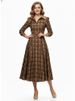Freeacy Women's Brown Plaid Turn-Down Collar High Waist Long Sleeve Flared Midi Dress 2026 Spring Fashion Retro Party Dresses_ecoleips.com