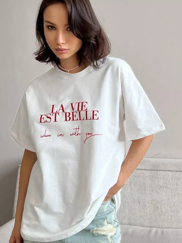 Summer American Ins Mid-length Temperament Printed T-shirt Street Personality Women's Letters Versatile Cotton Short-sleeved Top_ecoleips.com