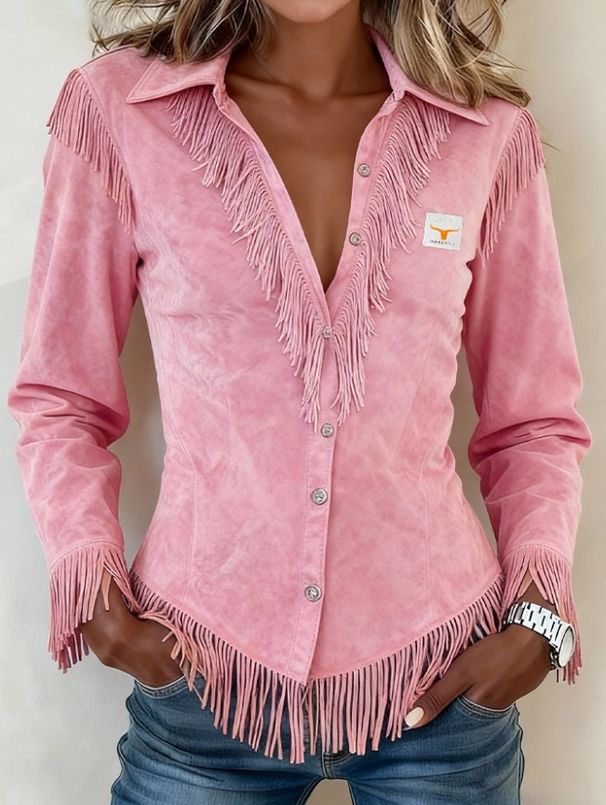 Voya Women's Western Denim Style Suede Fringe Slim Fit Temperament Fashionable Long Sleeved Shirt Top_ecoleips.com