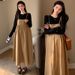 Autumn New Korean Fashion Knitted Top + Khaki Adjustable Strap Dress Two-Piece Set For Pregnant Women_ecoleips.com