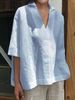 2025 Spring Summer V-neck Cotton Linen Versatile Solid Color Plus Size Loose Mid-sleeve Women's Shirt_ecoleips.com