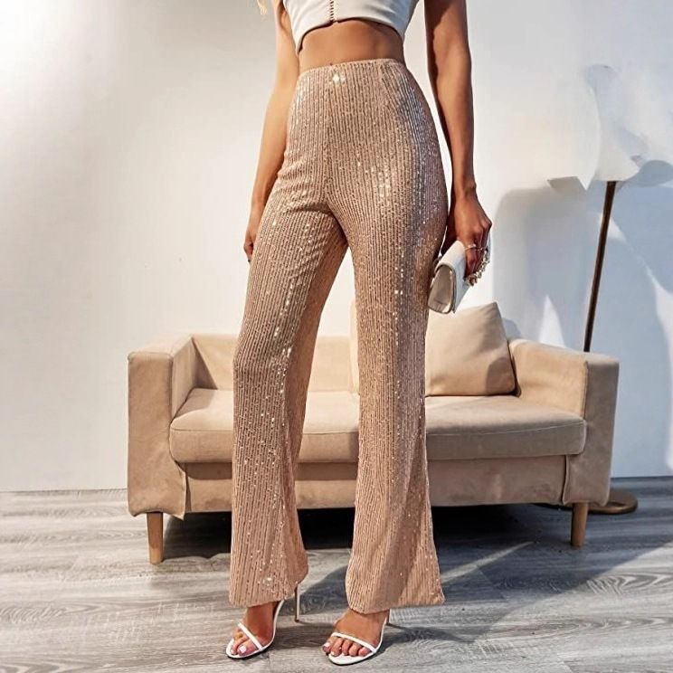 Fashion High-Waisted Women's Sequined Trousers Sexy Casual Flared Bottoms for Trendy Streetwear_ecoleips.com