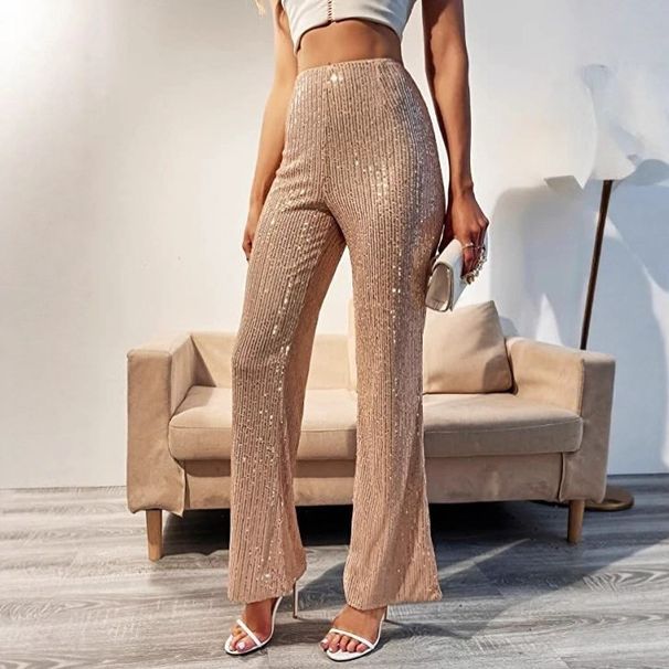 Fashion High-Waisted Women's Sequined Trousers Sexy Casual Flared Bottoms for Trendy Streetwear_ecoleips.com