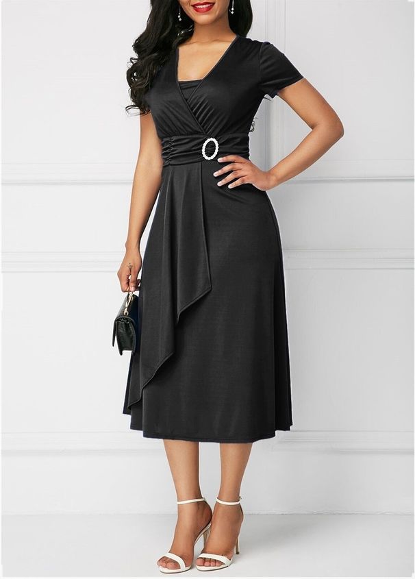 K Ladies' Elegant And Sexy Asymmetrical V-neck Women's High Waist Mid Length Dress Solid Color Evening Gown_ecoleips.com