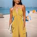Women's Clothing deep V halterneck sleeveless pleated pocket back tie wide leg cuff long jumpsuit_ecoleips.com