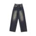 American Retro Blue-gray High-waisted Loose Denim Pants For Women, Spring Autumn Washed And Distressed Straight Casual_ecoleips.com