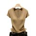 Retro Women's V Neck Short Sleeve Knit Top Khaki Slim Fit Solid Color T-Shirt For Spring/Summer_ecoleips.com