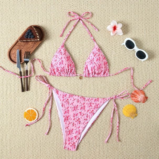 Women's Floral Print Bikini Set Sexy Bandeau Top with Adjustable Tied Closure High-Cut Bottoms for Beach And Pool_ecoleips.com