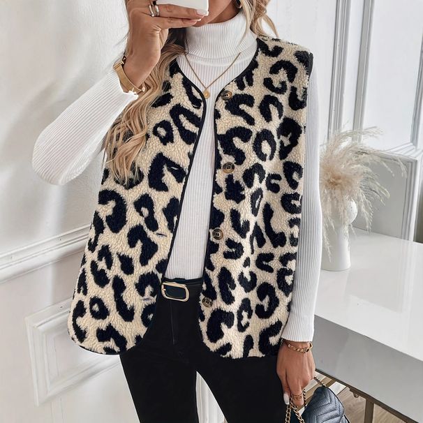 Women's Leopard Print Vest Autumn Winter Fashion Outerwear With Buttons Plush Material_ecoleips.com