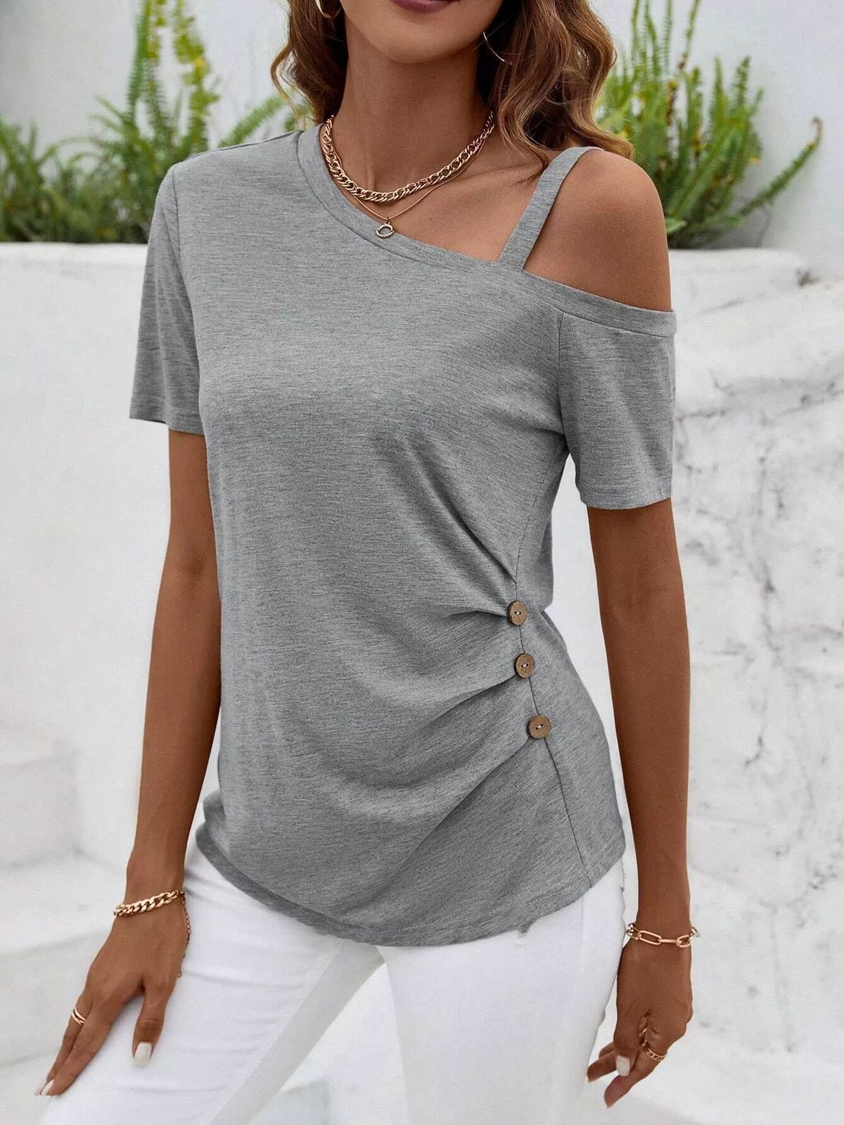 Women's Summer One Shoulder T-Shirt Short Sleeved Halter Top European American Style Revealing Collarbone Irregular Fit_ecoleips.com