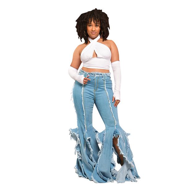 Fringe Hem Flared Jeans For Women, Boho Chic Distressed Bootcut Denim Pants With Side Slits, Stretchy Comfort From S To 2XL_ecoleips.com