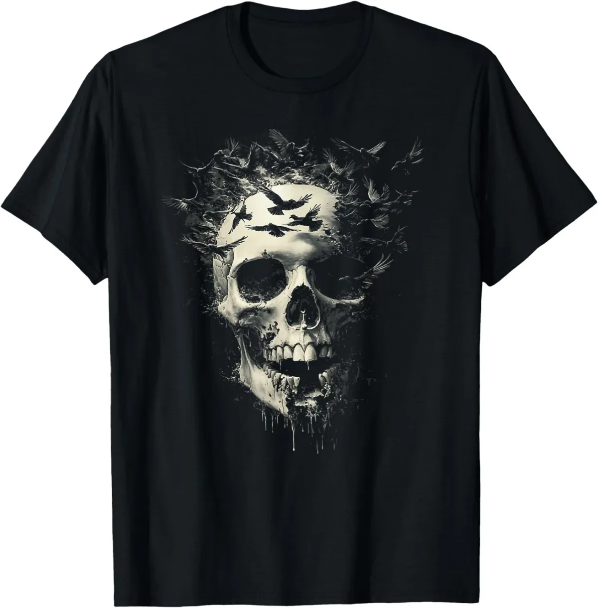 Women's T-Shirts Melting Skull With Ravens – Gothic Horror Art Gifts Shirt T-Shirt_ecoleips.com