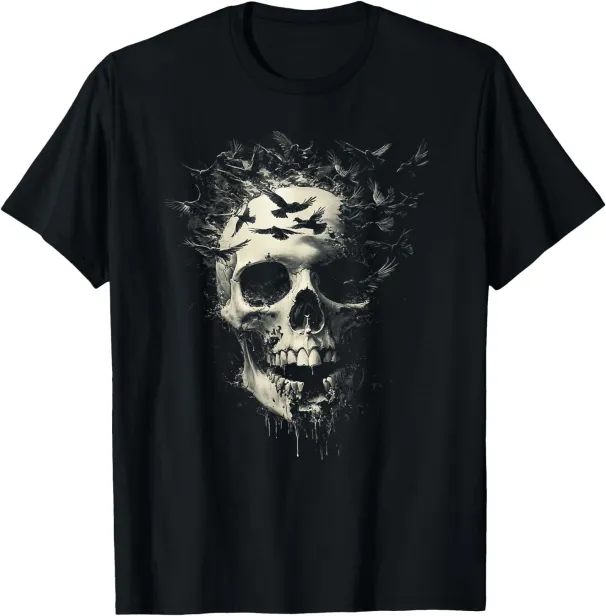 Women's T-Shirts Melting Skull With Ravens – Gothic Horror Art Gifts Shirt T-Shirt_ecoleips.com