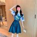 2025 New Oil Painting Blue Short Sleeve T-shirt Women Korean Style Irregular A-line Puffy Half Skirt Set_ecoleips.com