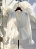 Early Autumn New Style Elegant V-neck Long-sleeve Top, Mature French Niche Unique Beautiful Blouse, Light Luxury White_ecoleips.com