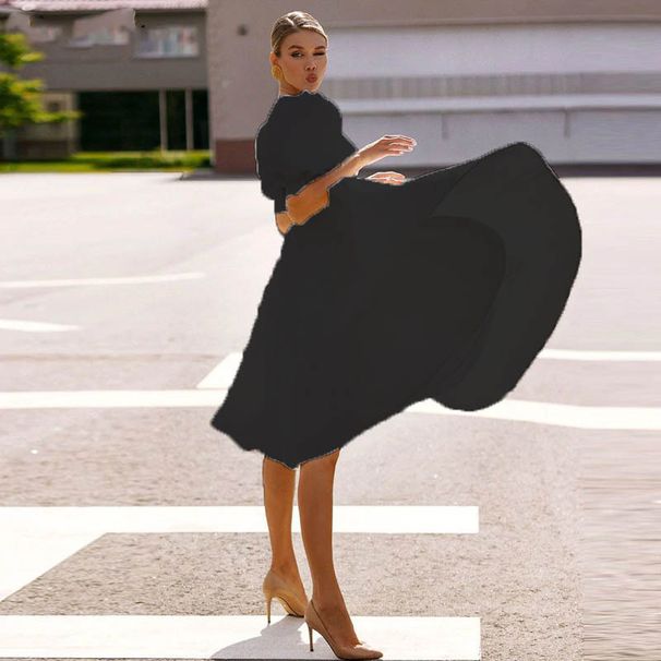 Women's Clothing New Solid Color Slim Fit Sexy Large Swing Short Sleeve Midi Skirt_ecoleips.com
