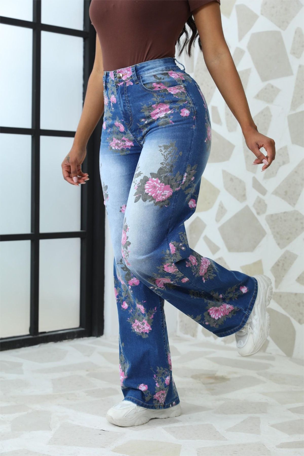 High waist new style printed jeans 2024 loose straight flower pattern European and American women's pants long wholesale_ecoleips.com