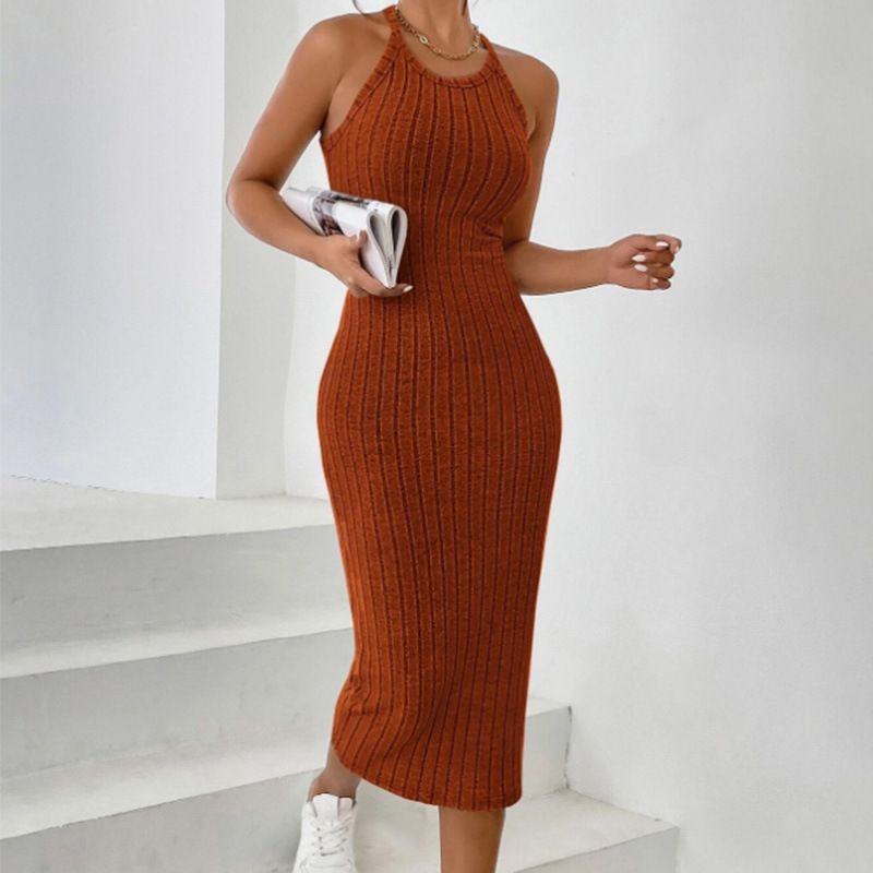 Women's Clothing Round Neck Solid Color Dress All Match No Fork Belt Knitted Sweater Backless Dress_ecoleips.com