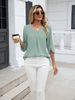 K Fashionable Mid Sleeve Pleated V-neck Loose Fitting Women's Top_ecoleips.com