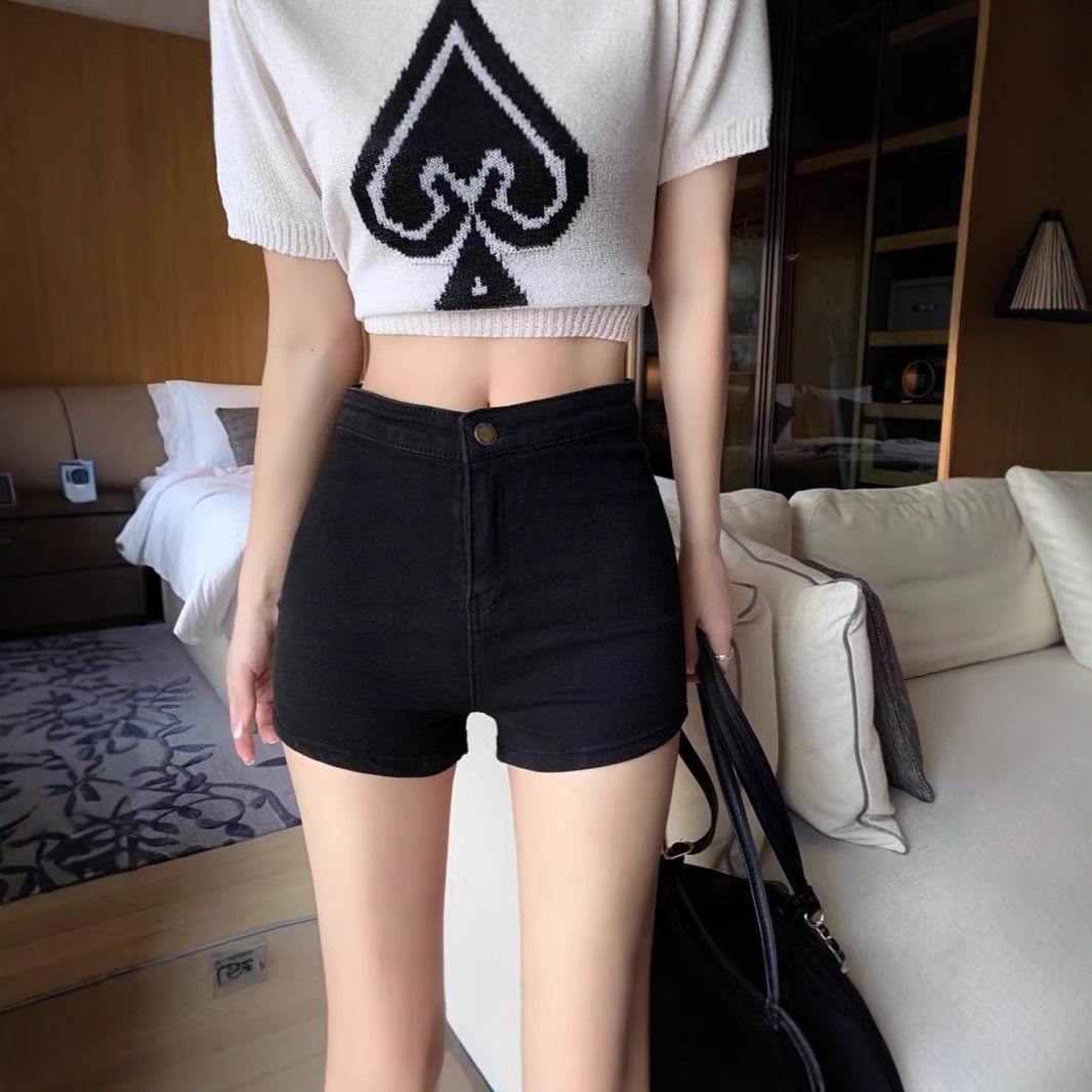 Women's High Waist Slimming Denim Shorts Spring 2025 Style Black Bodycon Elastic Hot Pants_ecoleips.com