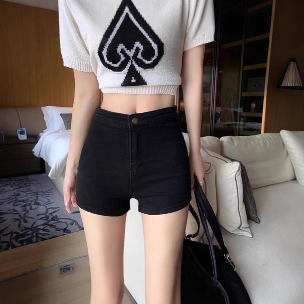 Women's High Waist Slimming Denim Shorts Spring 2025 Style Black Bodycon Elastic Hot Pants_ecoleips.com