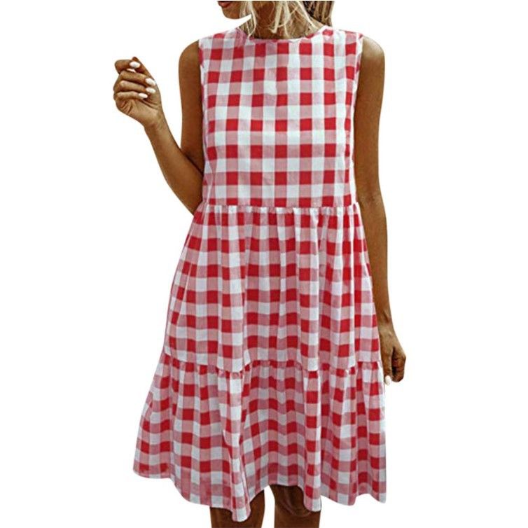 Women's Clothing Summer Casual Pocket Plaid Sleeveless Splicing Large Swing Loose Vest Dress Fashion Dress_ecoleips.com