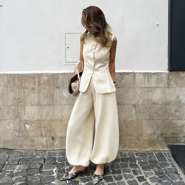 Women's Elegant Commuter Pant Set Fashion Casual Sleeveless Cardigan Top With Straight Leg Pants_ecoleips.com