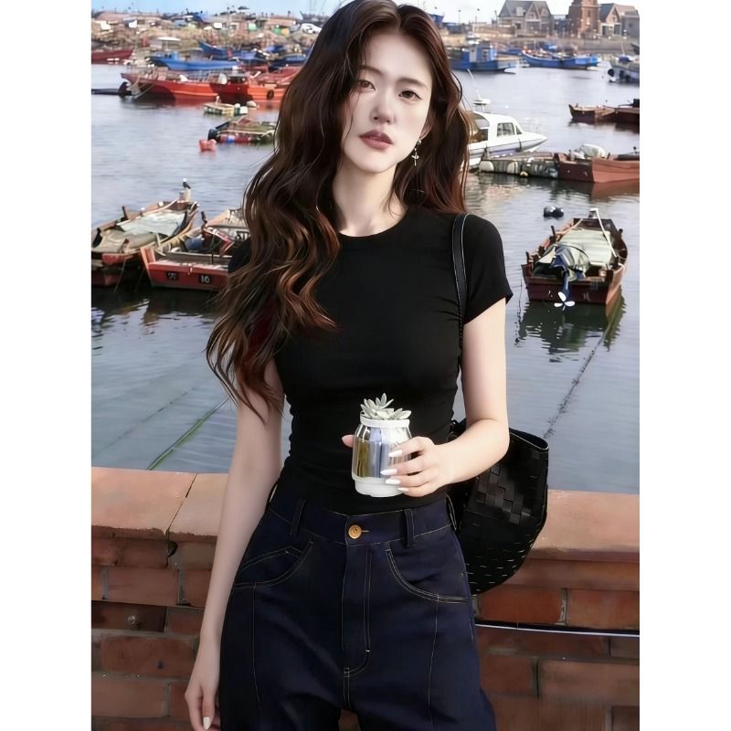 Premium Front Shoulder Brown T-shirt Women's Short Sleeve 2026 New Inner Base Slim Ins Early Spring Temperament Top_ecoleips.com